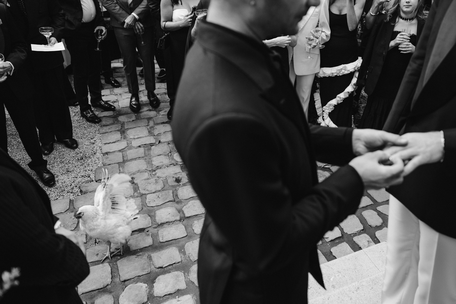 Hotel particulier montmartre's chicken getcrashed the ring exchange moment at this gay wedding in the garden of Hotel Particulier Montmartre, Paris