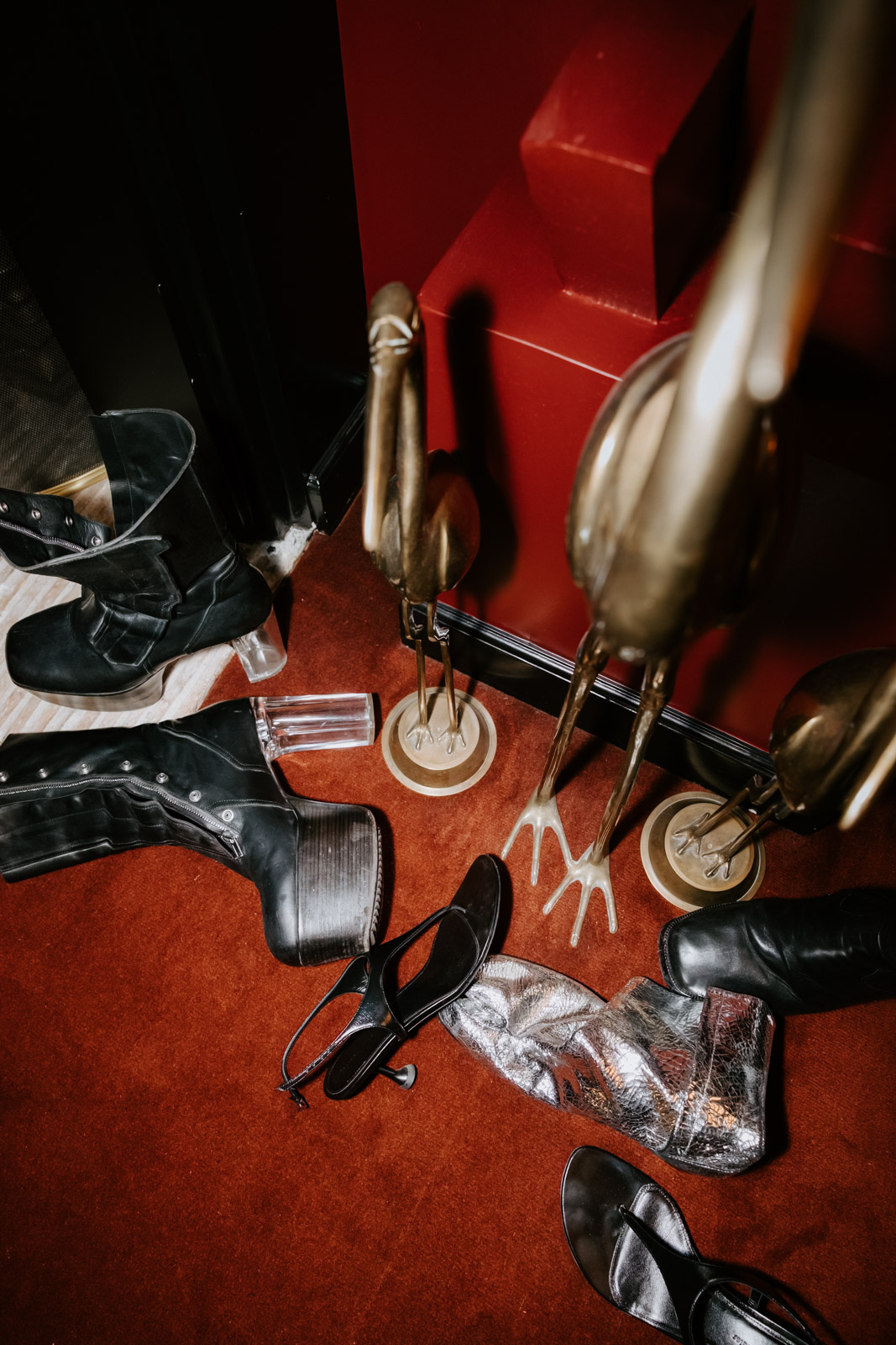 shoe detail at the end of the night in the main suite of Hotel Particulier Montmarte, Paris