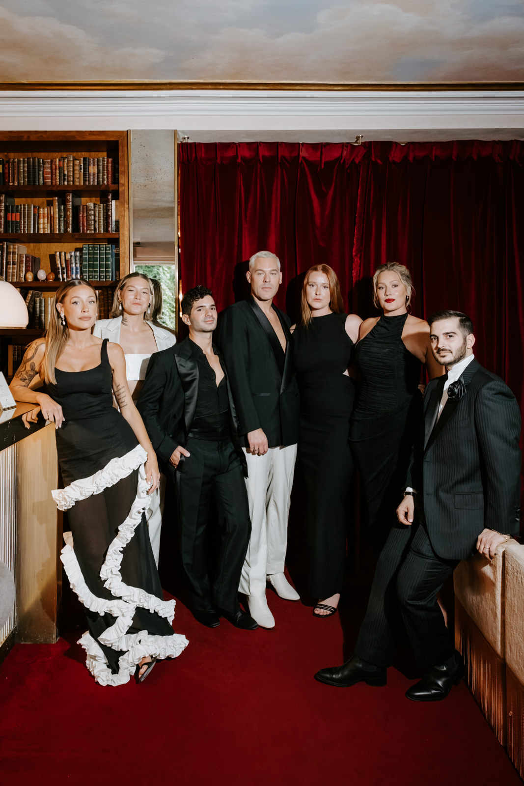 Vogue-style wedding group shot at Hotel Particulier Montmartre, Paris.